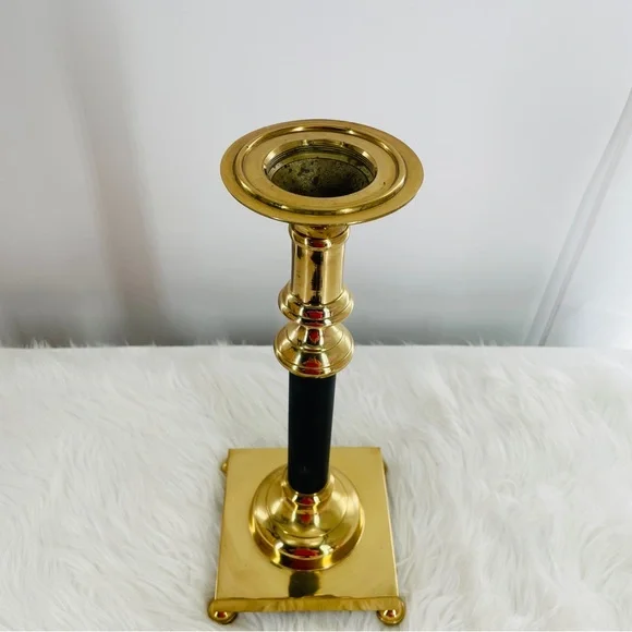 Elegant Large Lacquered Brass & Black Metal Candle Holder